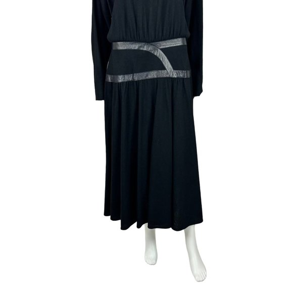 Vintage 80s Black Dress Women's Large Faux Leather Trim Waist Batwing Sleeves Bo - Picture 6 of 10